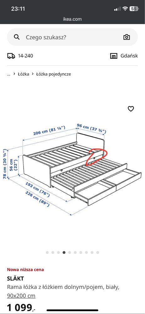 SLÄKT Rama łóżka z łóżkiem dolnym/pojem, biały,