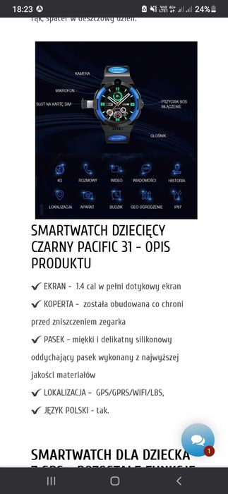 Smartwatch dla dziecka SIM GPS WIDEO ROZMOWY CZARNY PACIFIC 31-01