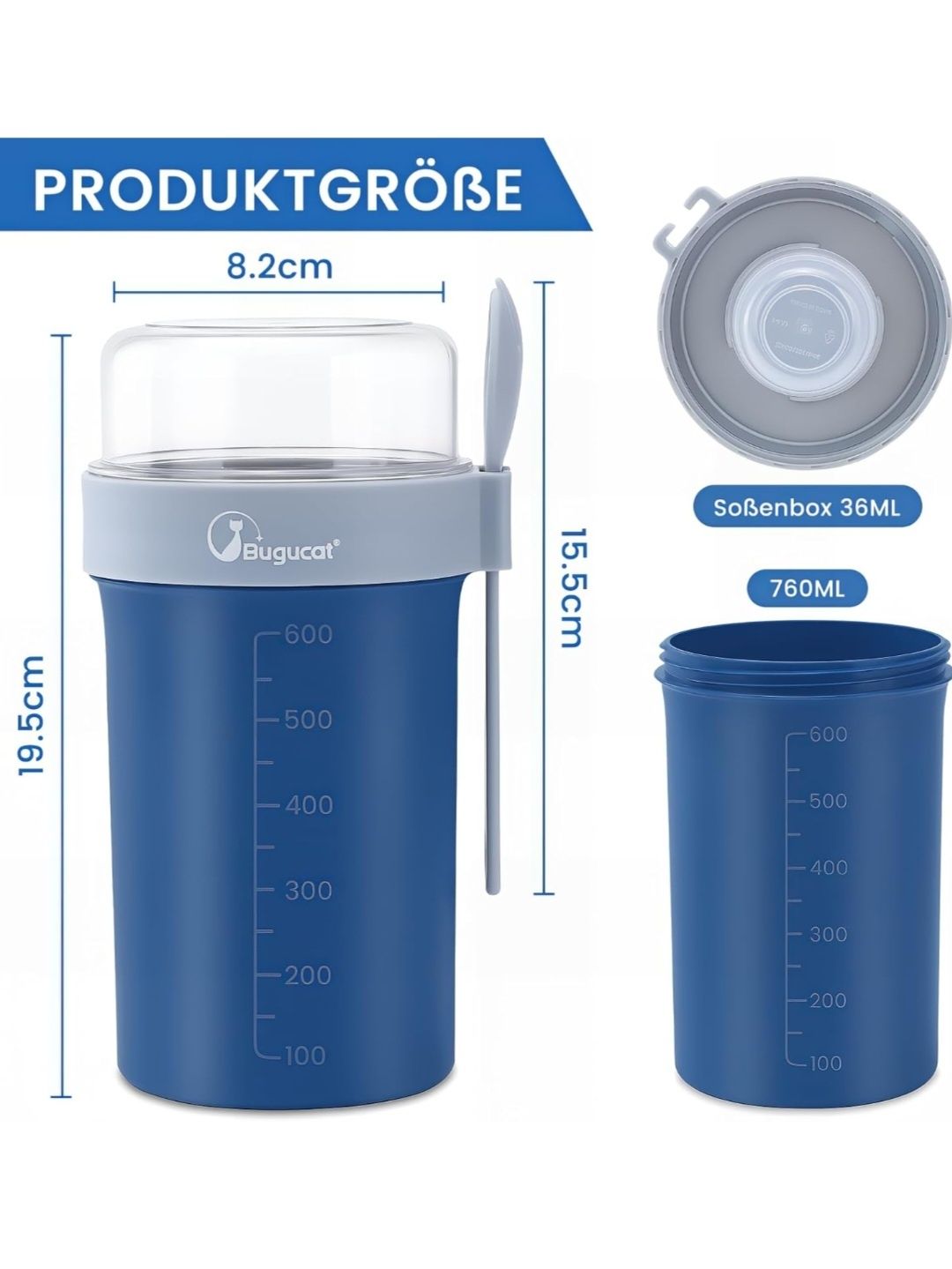 Bugucat Kubek na musli to Go 760 ml + 230 ml, praktyczny kubek na lunc