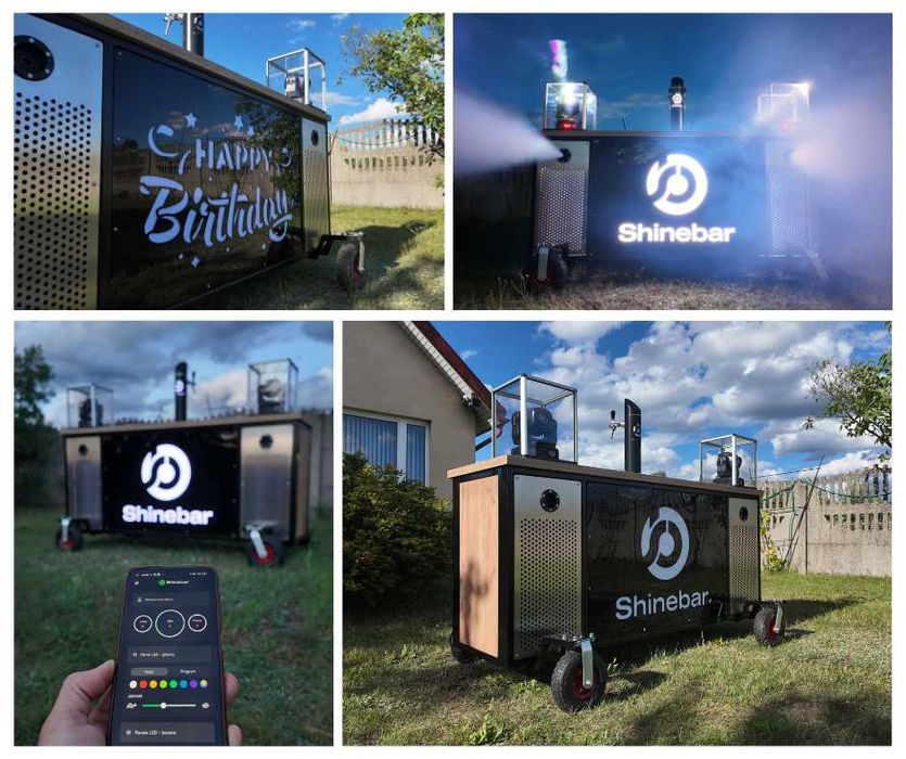 Mobilny bar imprezowy – Shinebar, nagłośnienie, światła, nalewak, dym