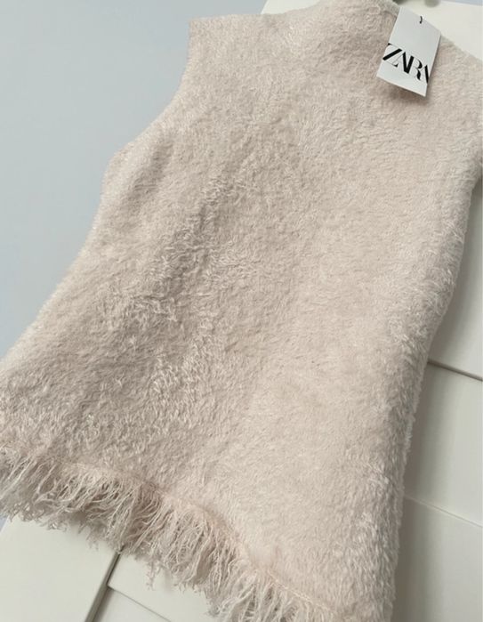 Zara Nowe Top Bluzka Bezrękawnik M Sweterek Pióra Frędzle