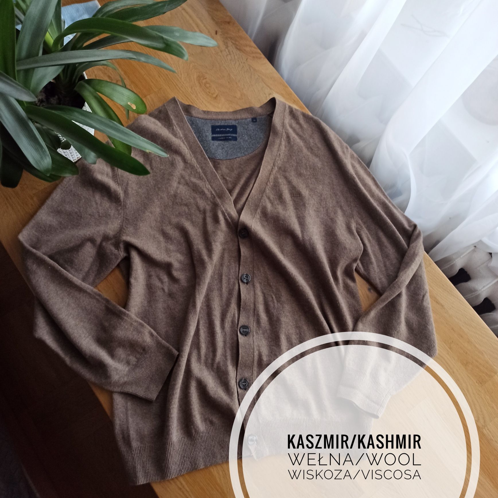 Męski kardigan kaszmirowy wełniany brązowy V-neck, unisex, modułowa sz