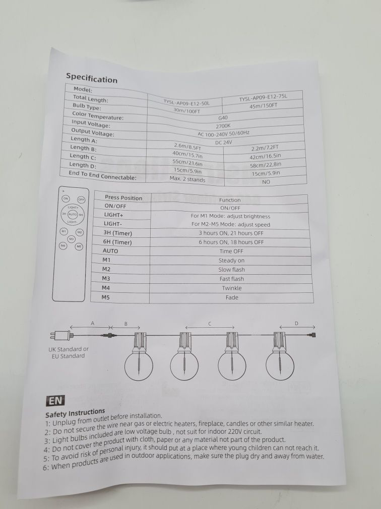 Zewnętrzna girlanda ogrodowa lampki LED 30m 50 żarówek pilot 2700K