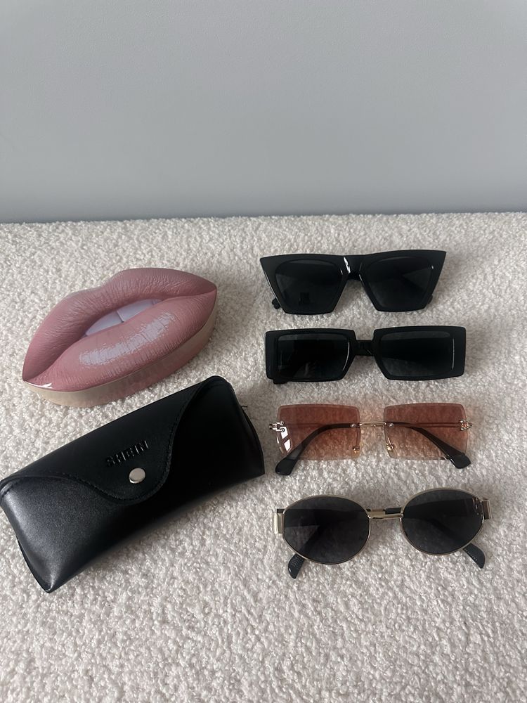 Zestaw 4 par okularów przeciwsłonecznych modne eleganckie + etui