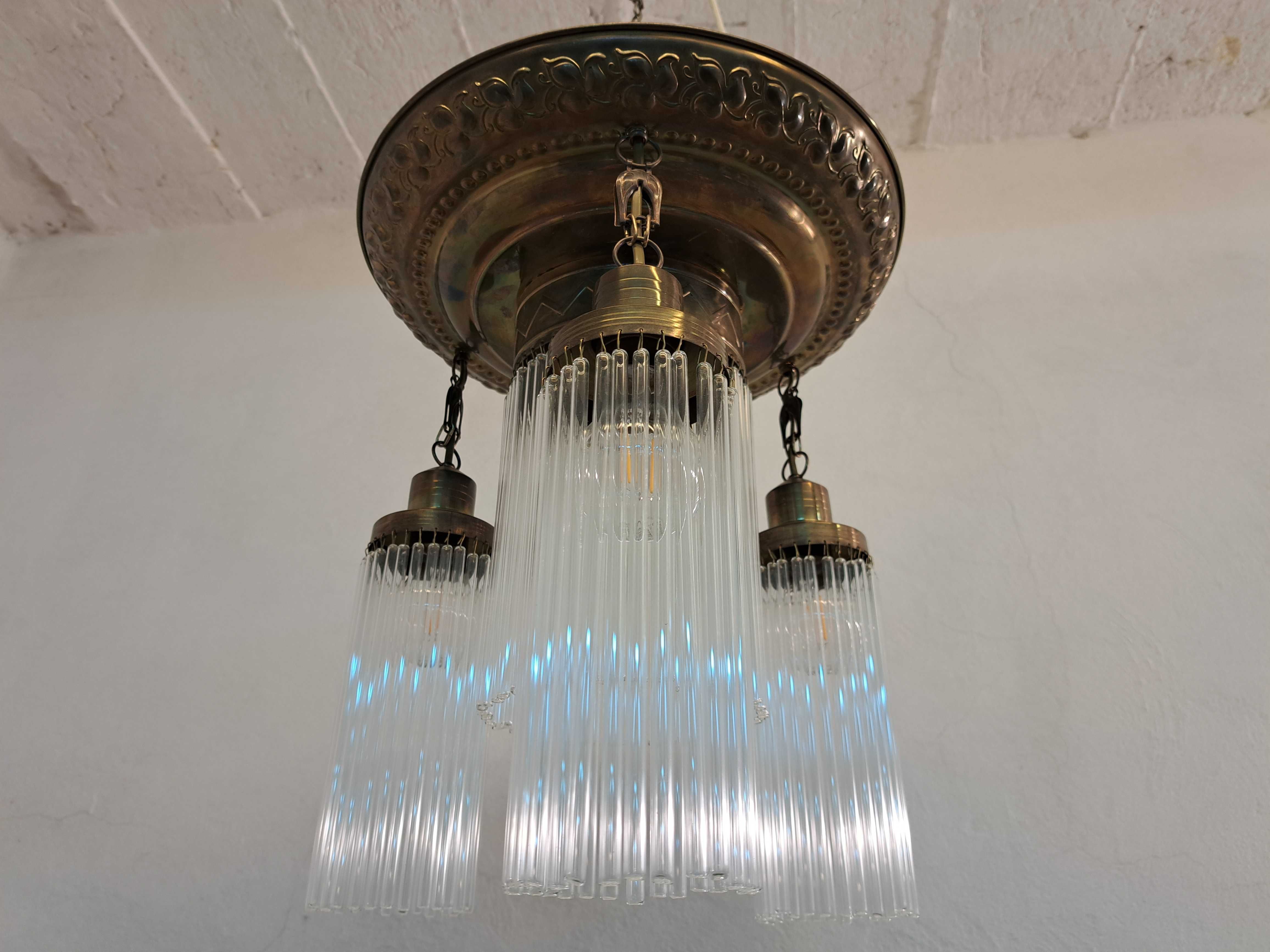 Żyrandol plafon mosiężny art deco szklane rurki