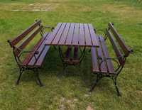 Stół drewniany z ławkami na żeliwnych nogach brąz ogrodowy stan bdb