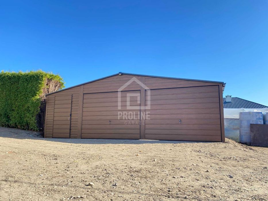 Garaż blaszany 8x6m 2x Brama drzwi 2xokno drewnopodobny dwuspad PLG183