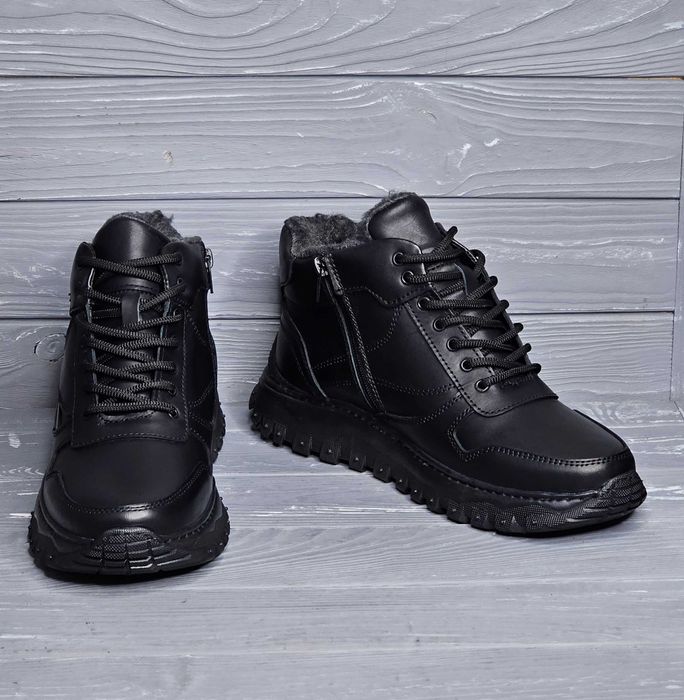 Кожаные мужские зимние широкие черные прошитые ботинки шнурок змейка