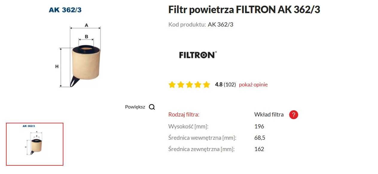 Filtr powietrza Filtron AK 362/3