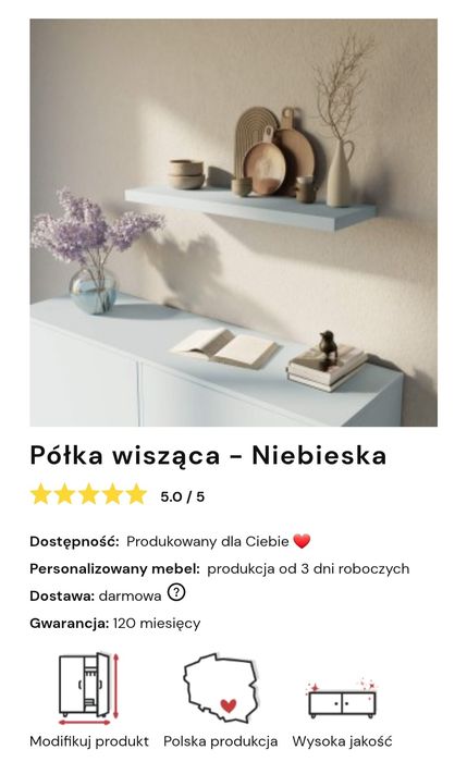 Półka wisząca- niebieska 50cm/ 15cm YRKE