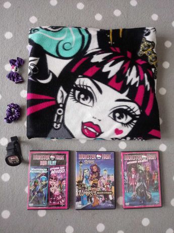 Wysyłka 1 zł Zestaw Monster High koc płyty DVD bajki zegarek spinki