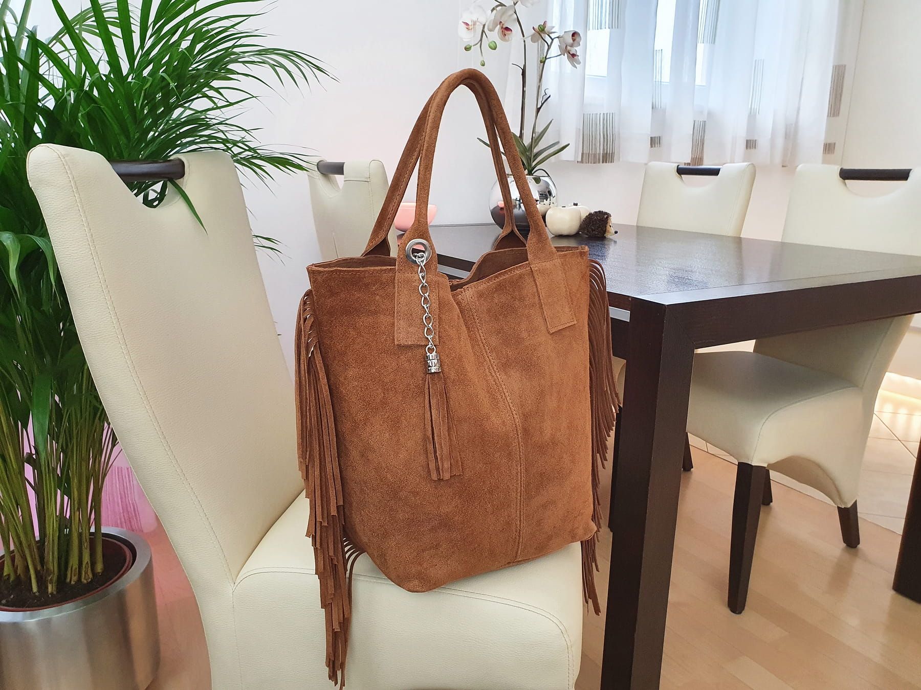 VERA PELLE torebka damska zamszowa shopper z frędzlami V460 camel
