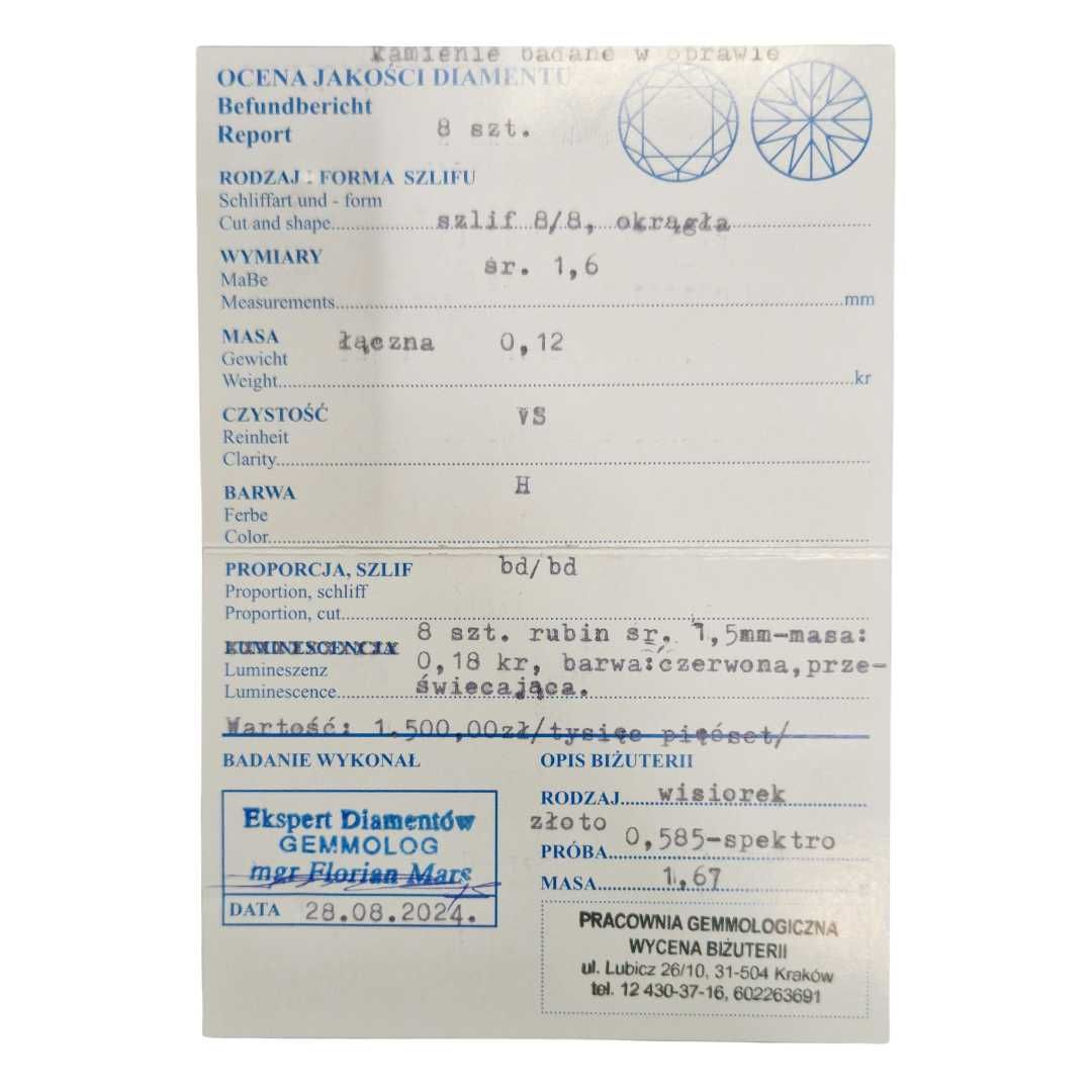 Złoty Zawieszka Serce pr. 585 z Brylantami i Rubinami