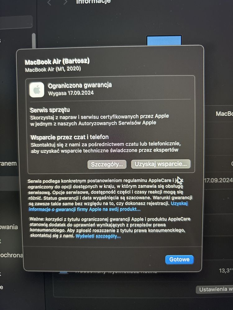 Macbook air m1 8/256 gwarancja ma pol roku