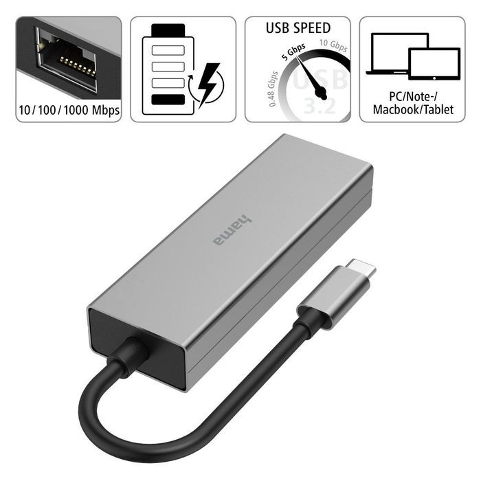 Hama Multiport USB-C 2xUSB-A 3.2, 1xTYP-C, 1xLAN OUTLET