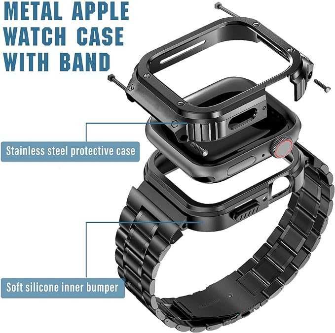Metalowe paski MioHHR z etui kompatybilnym z paskiem Apple Watch 45 mm