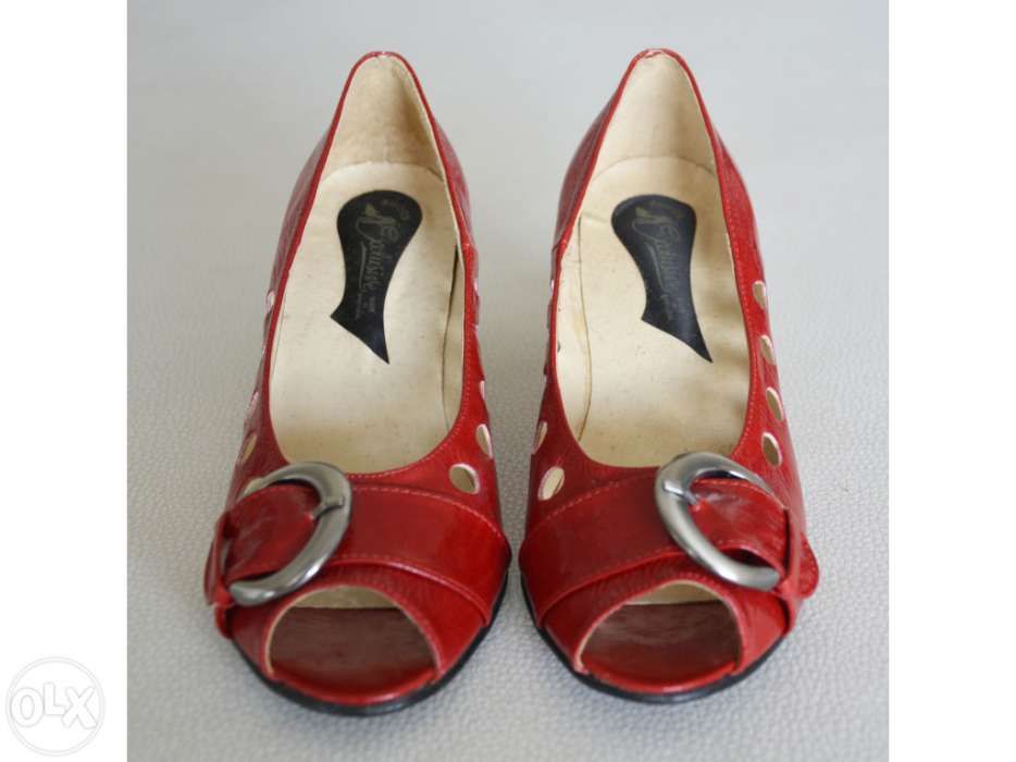 Sapatos peep-toe vermelhos salto cortiça pele envernizada Exclusive 35