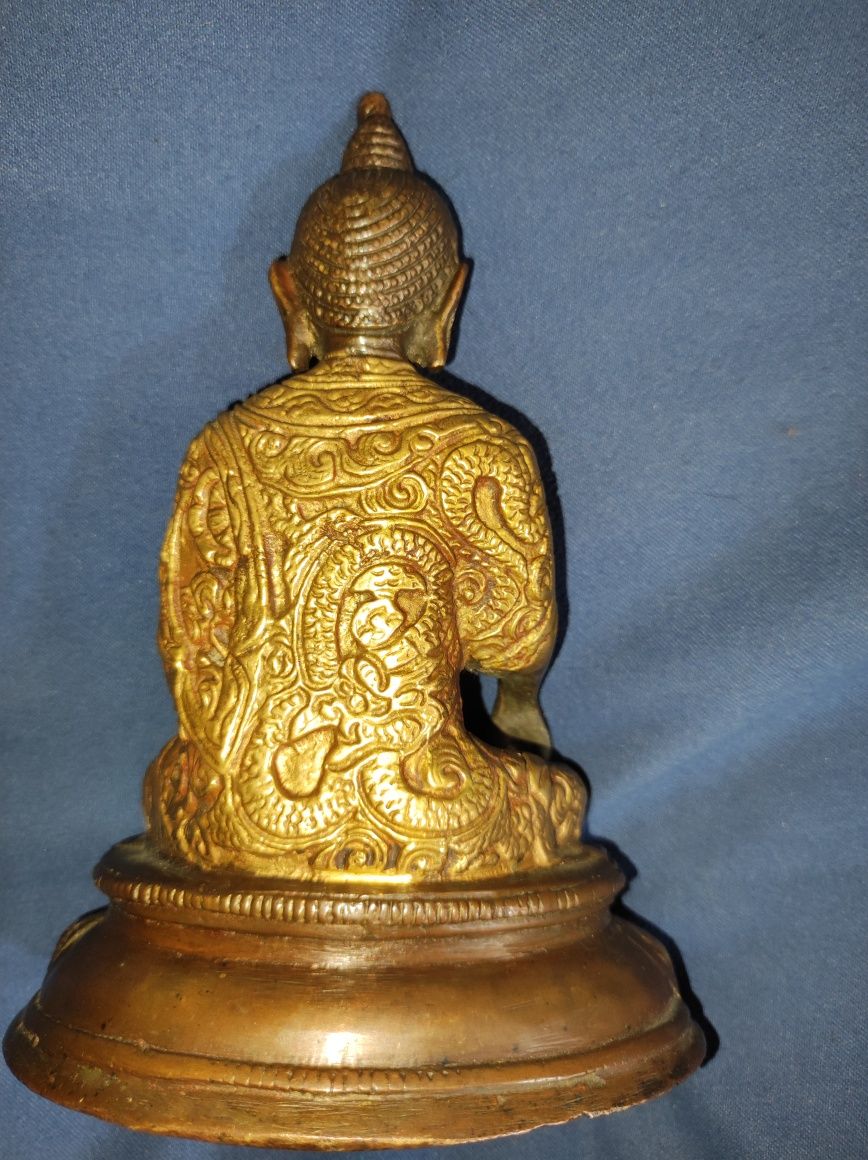 Stara figura Budda brąz inkrustacje mosiądzem XVIII w