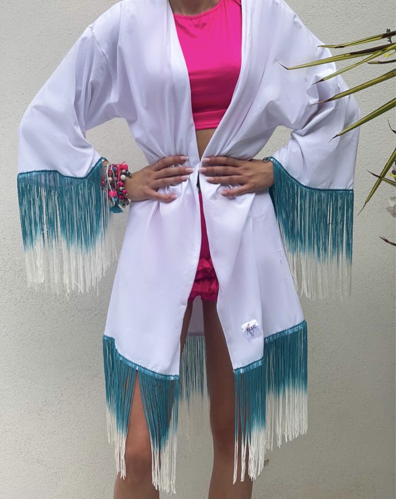 Luksusowy szlafrok Plażowy kimono frędzle Avecfashion