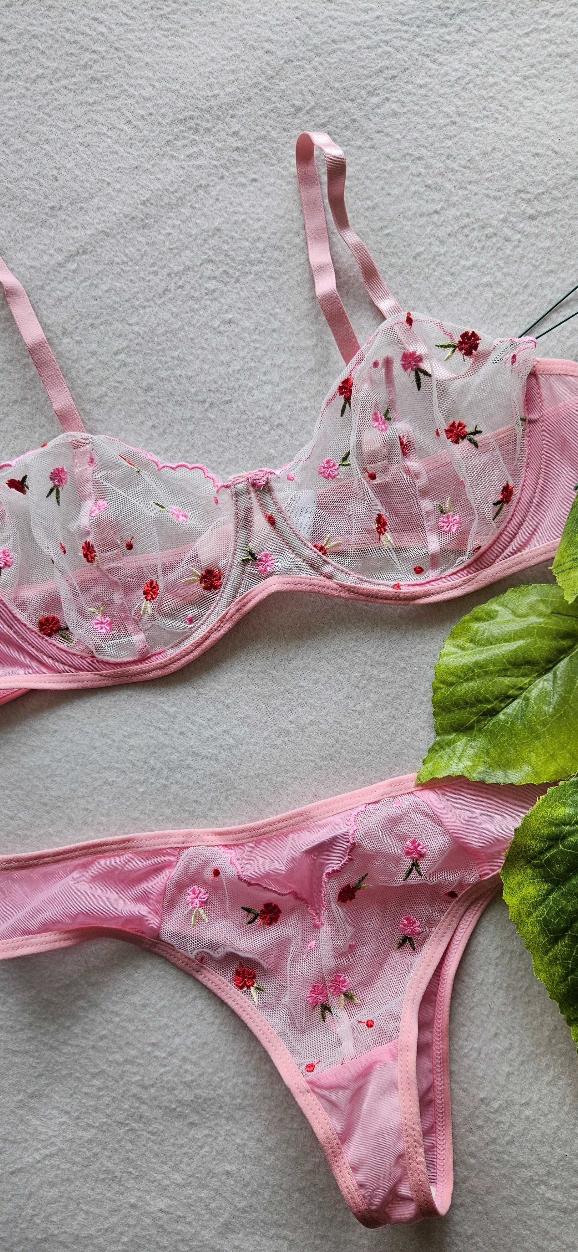 L 40 Różowy seksowny komplet bielizny stanik biustonosz stringi koronk