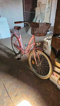 Rower miejski damski, różowy z koszykiem