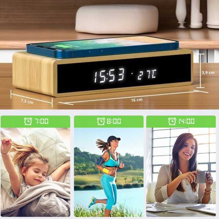 Zegarek Cyfrowy z Ładowarką Indukcyjną Termometrem i Budzikiem 15W