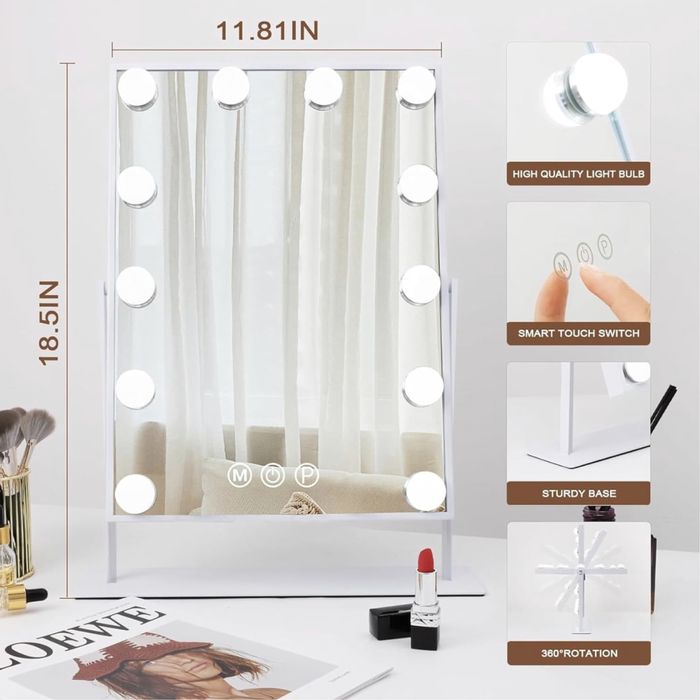 Nowe lustro Hollywood do makijażu,obrotowe 12 lamp LED, dotyk 30x41 cm