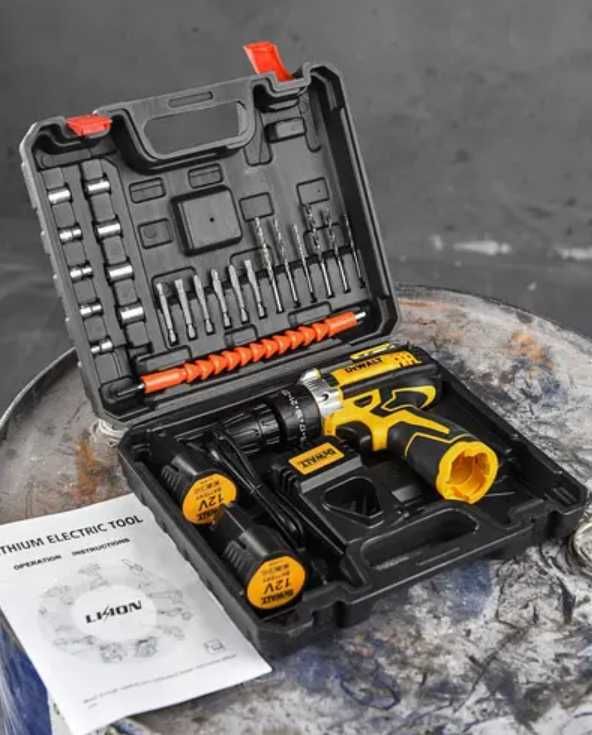 Шуруповерт аккумуляторный с насадками screw driver sets yellow 12v