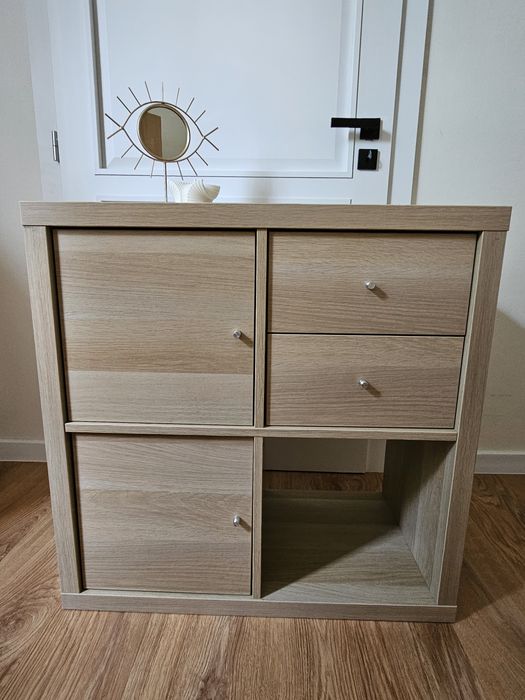 Regał Kallax dąb bejcowany * 77x77 cm z szufladami i drzwiczkami