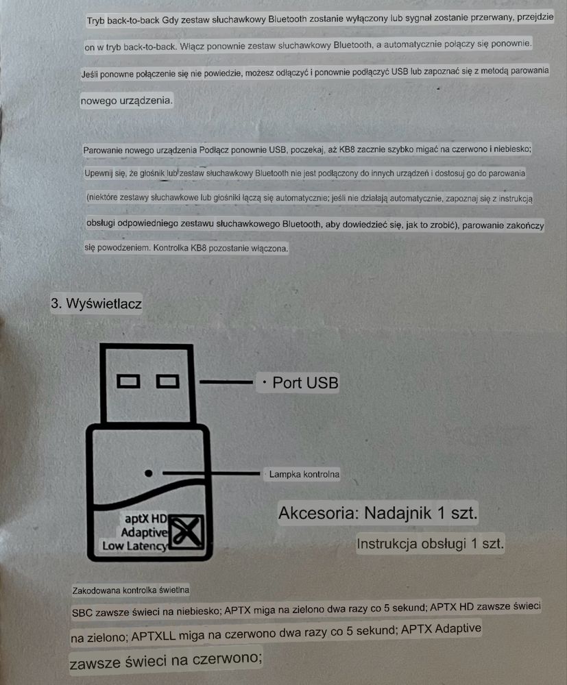 Nadajnik Bluetooth KB8 16Bit - aptX Adaptive, aptX HD, aptX LL, aptX