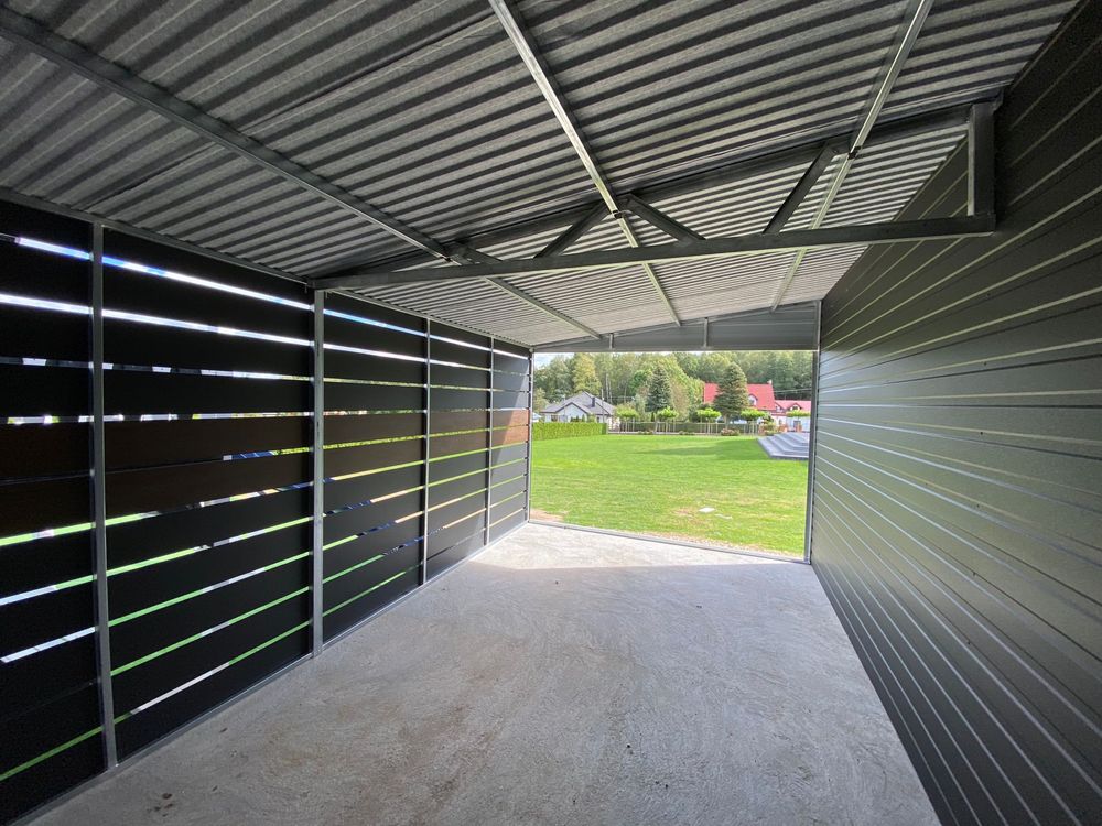 Garaż 6x6 + wiata 3x6, profil zamknięty, grafit mat. PRODUCENT