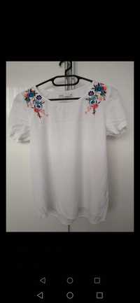 Biała bluzka koszulowa, krótki rękaw, kwiatowy haft, House