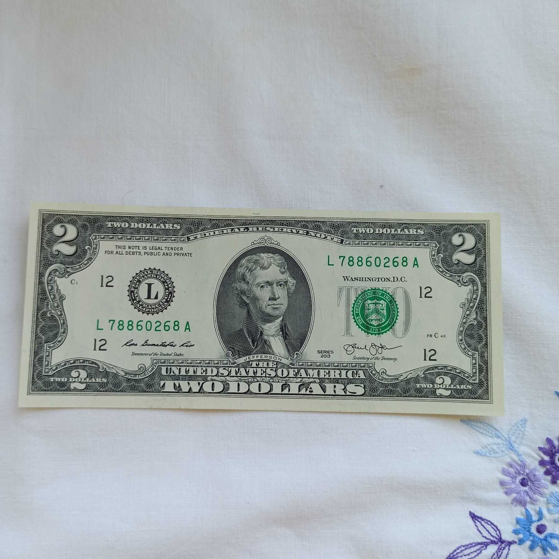 Купюра доллара 2-ва США 2013 годы в обращении никогда не была
