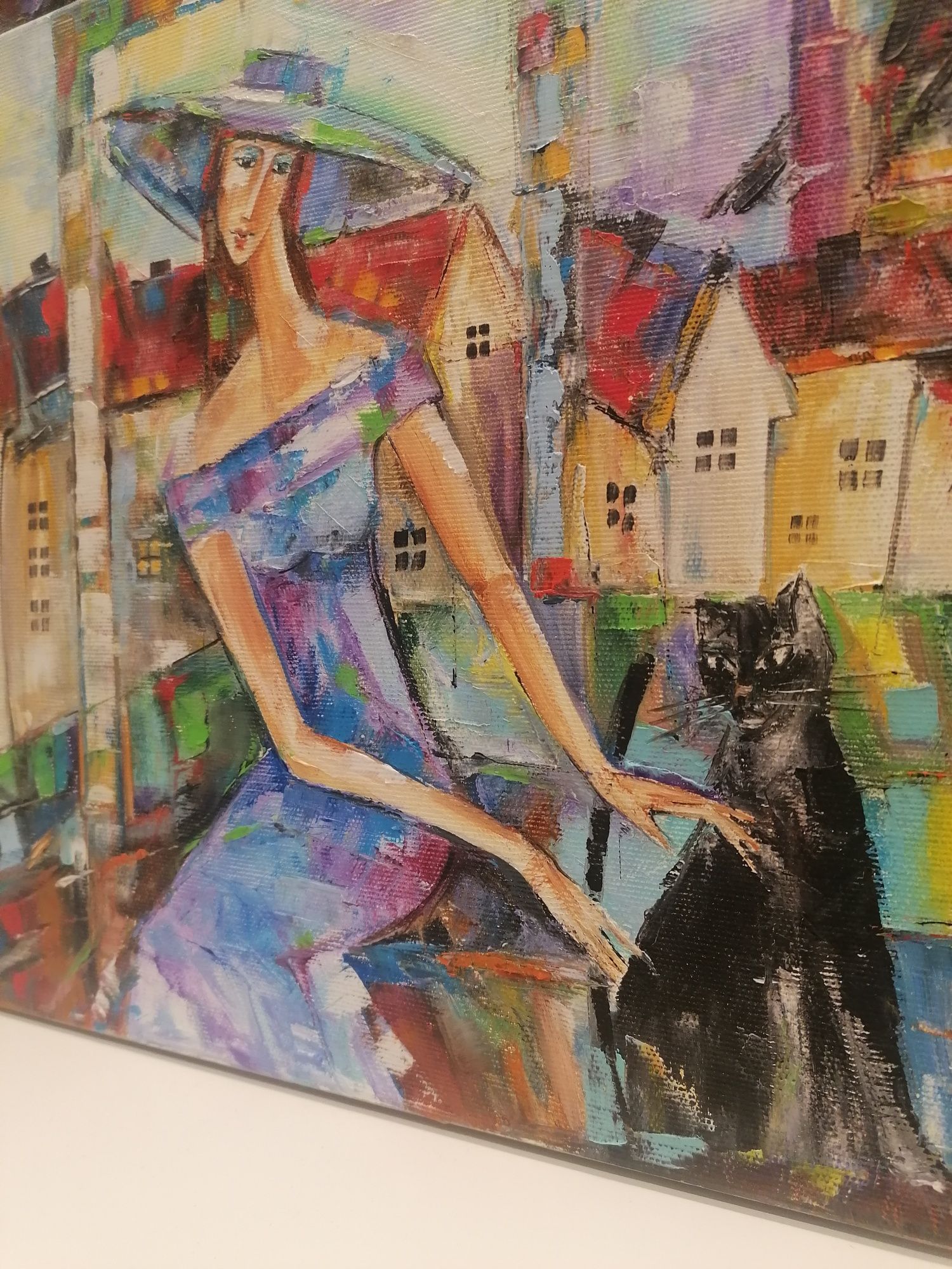 Obraz olejny "Kobieta, kot i kruk" JOANA