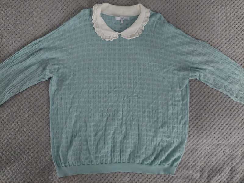 Turkusowy błękitny bluzka sweter ażurowy z kołnierzem vintage next