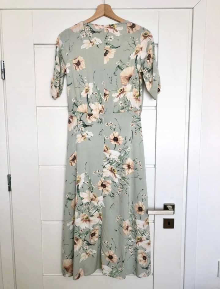 H&M pistacjowa sukienka w kwiaty z wiskozy L/XL