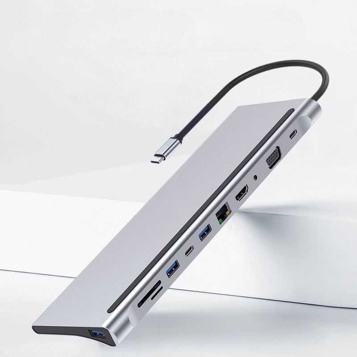 USB Type-C Hub 11 в 1 підставка HDMI HDTV SD TF RJ45 VGA AUX кардрідер