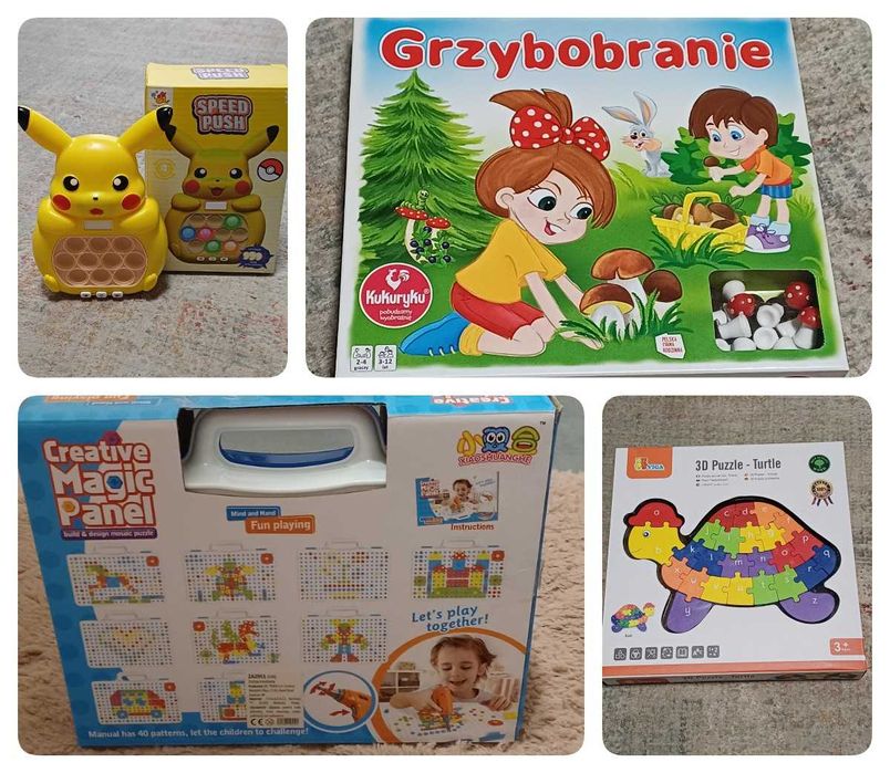 Zestaw 4 gier - Grzybobranie, CREATIVE, Puzzle 3d , Pop it PIKATHU