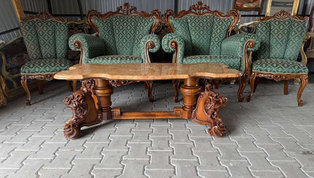 Włoska rzeźbiona ława z marmurowym blatem