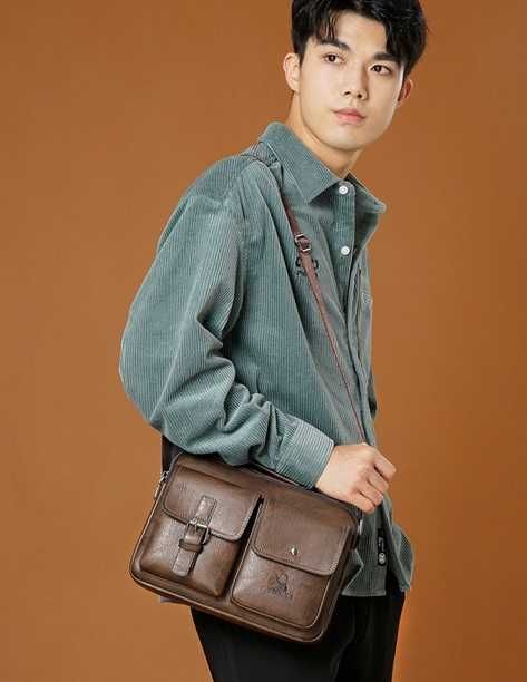 Сумка барсетка мужская коричневая через плечо с карманами