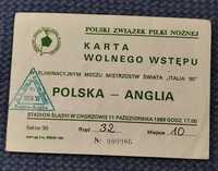 Karta wstępu mecz Polska - Anglia El. MŚ 1990 Chorzów 1989w