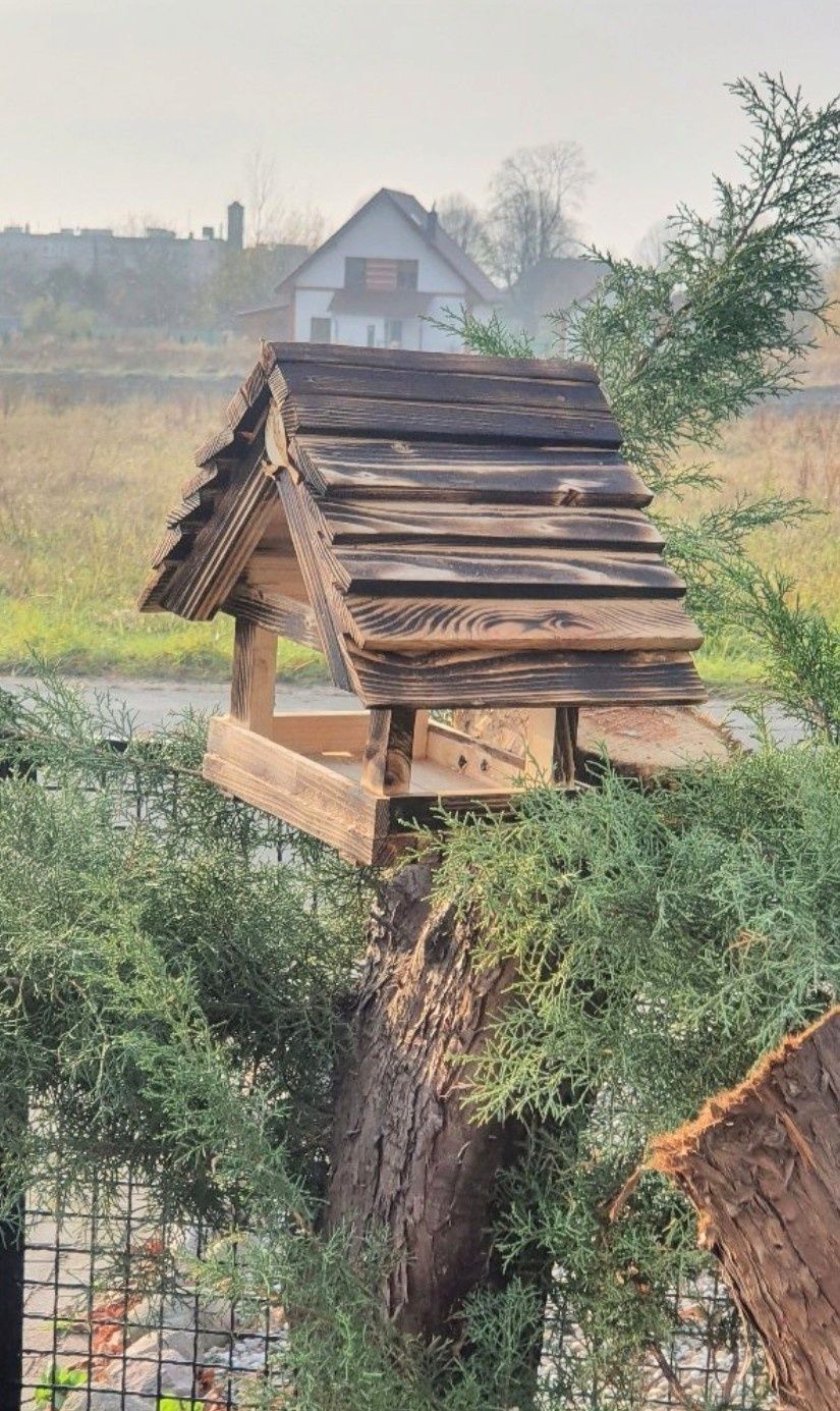 Karmnik dla ptaków budka drewniana na zimę