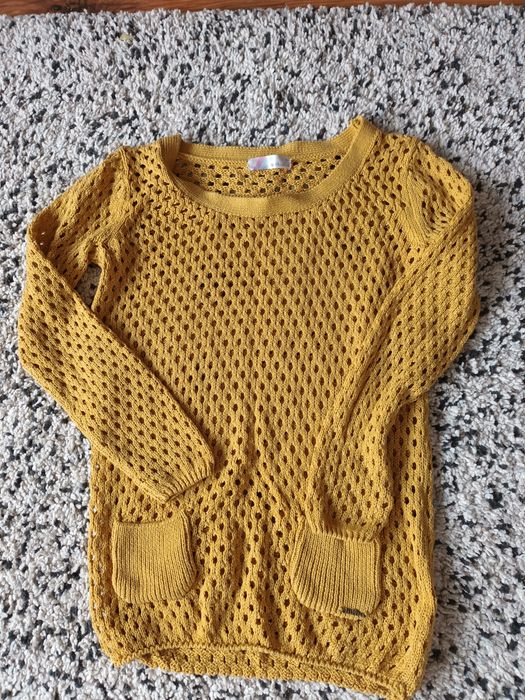 Sweter ażurowy S 36 musztardowy bluzka boho