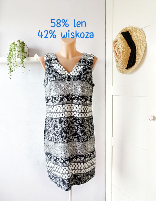 Peacocks letnia sukienka len wiskoza biało-czarna wzory V-neck casual