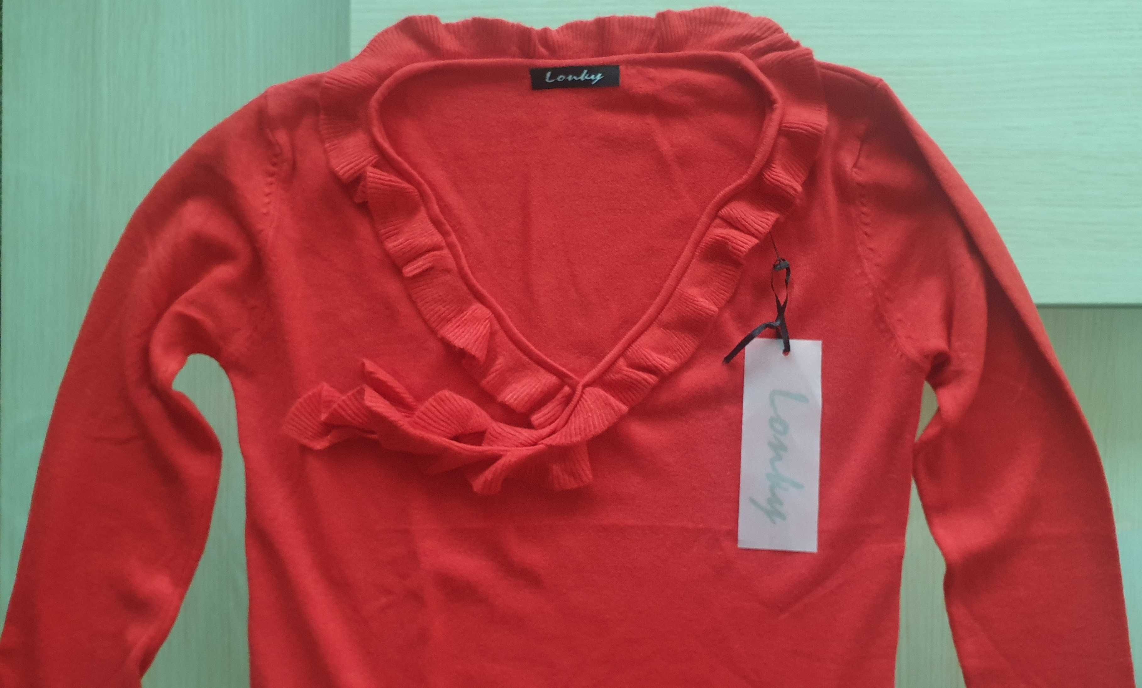 Bluzka czerwona z żabotem długi rękaw S/M