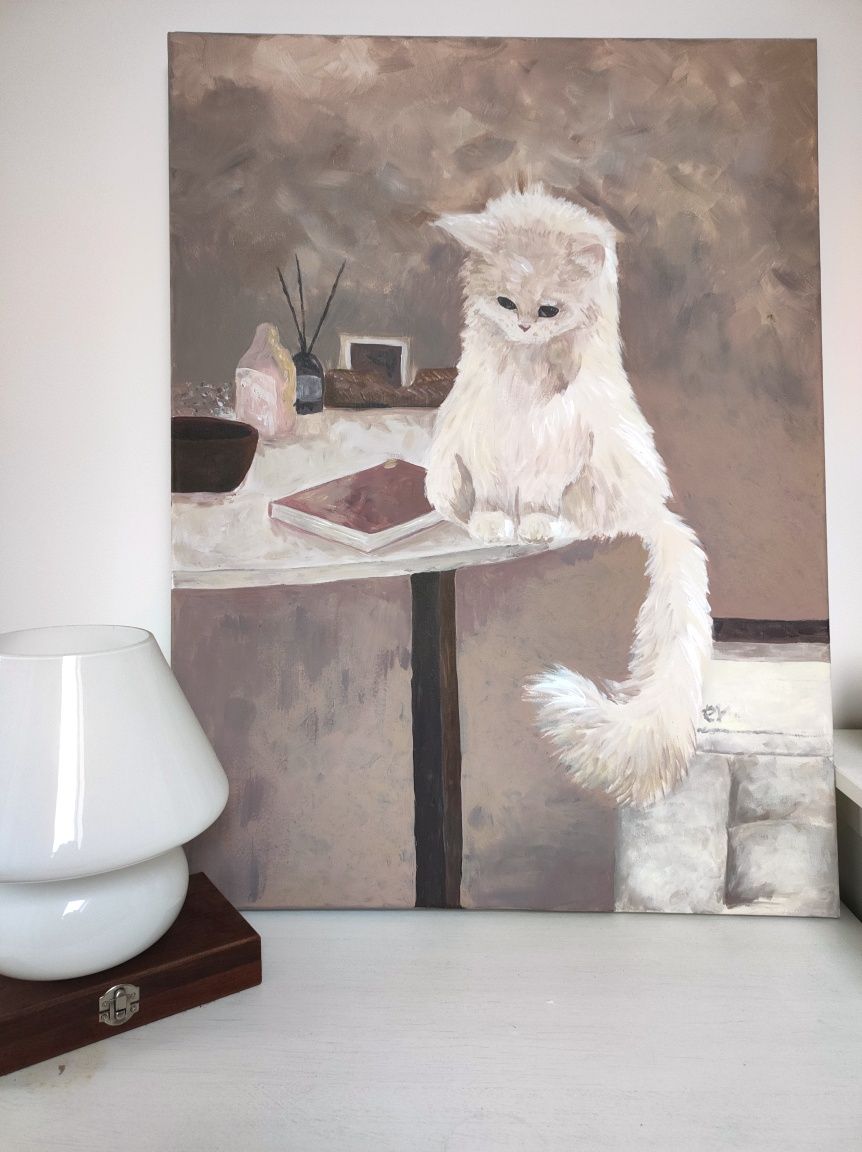 Kot na stole obraz ręcznie malowany akryl na płótnie DUZY