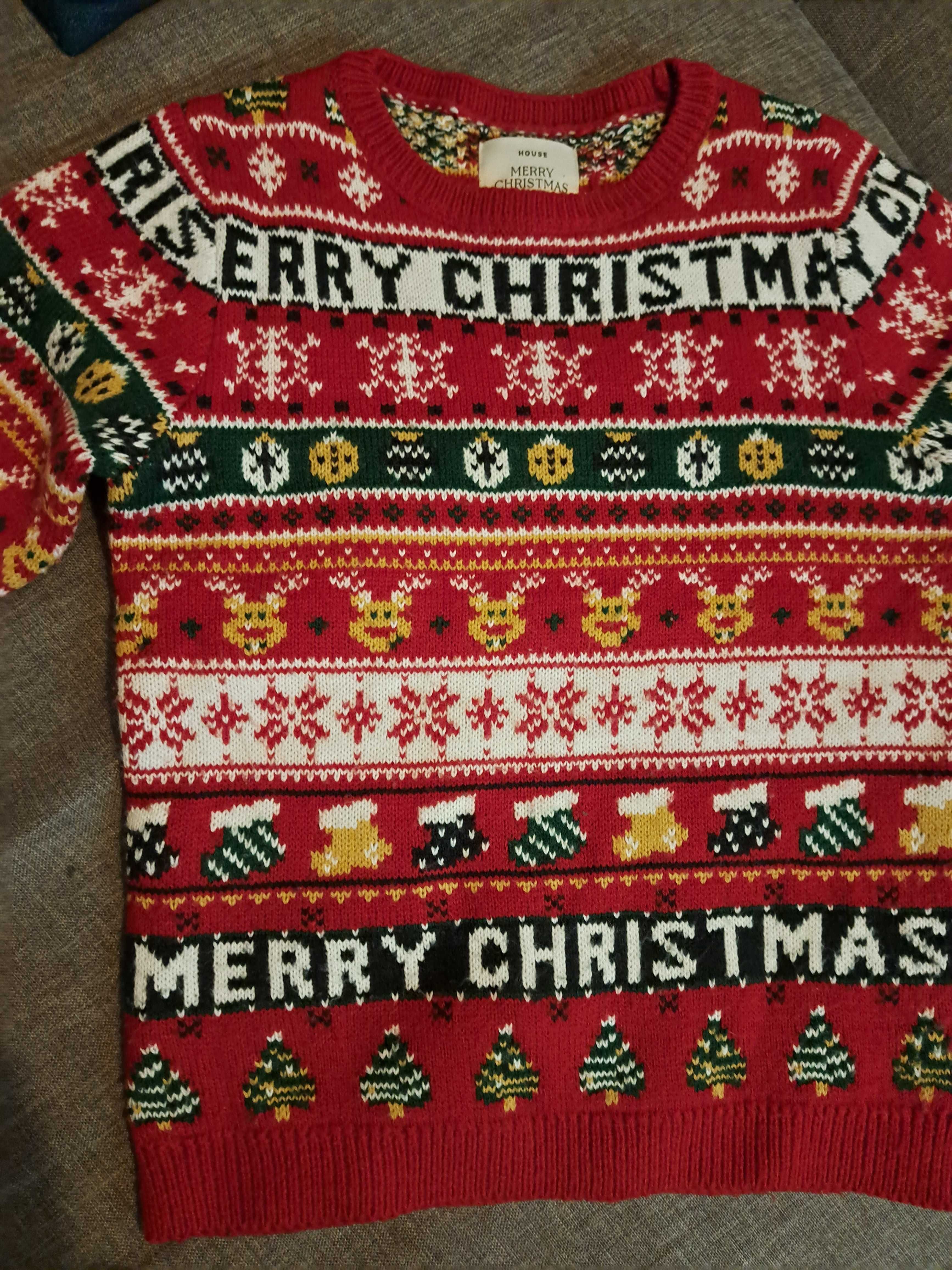 Świąteczny sweter House 122/128 6-8 lat  czerwony pasy Merry Christmas