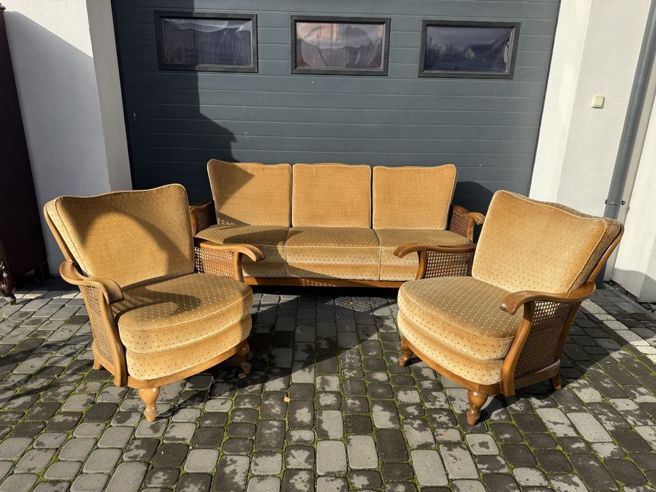 Stylowy komplet wypoczynkowy z rafią chippendale sofa kanapa fotele