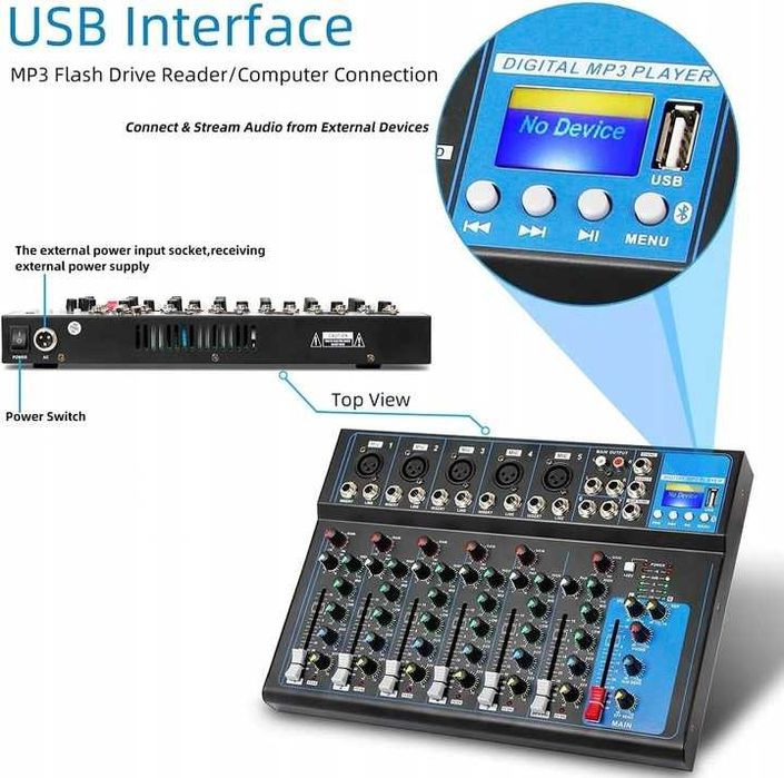 Depusheng HT7 mikser audio 7-kanałowy, Bluetooth, USB, efekt DSP