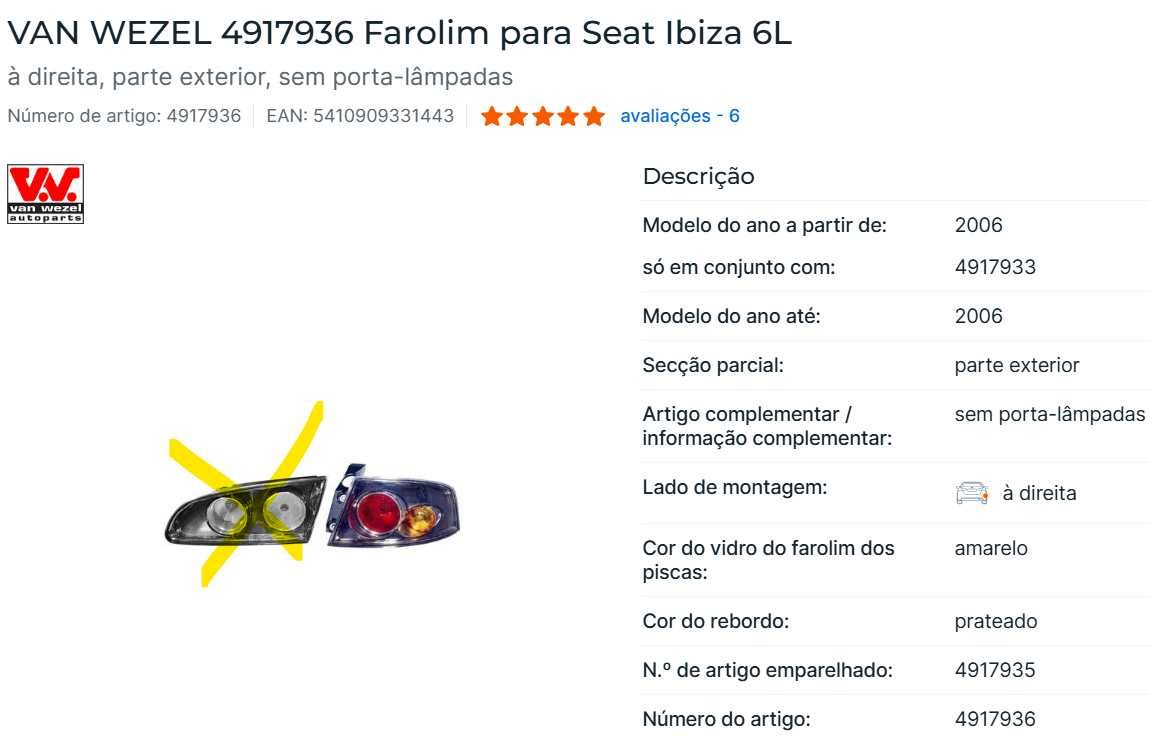 Farolim Seat ibiza 6L FR Van Wezel traseiro direita exterior